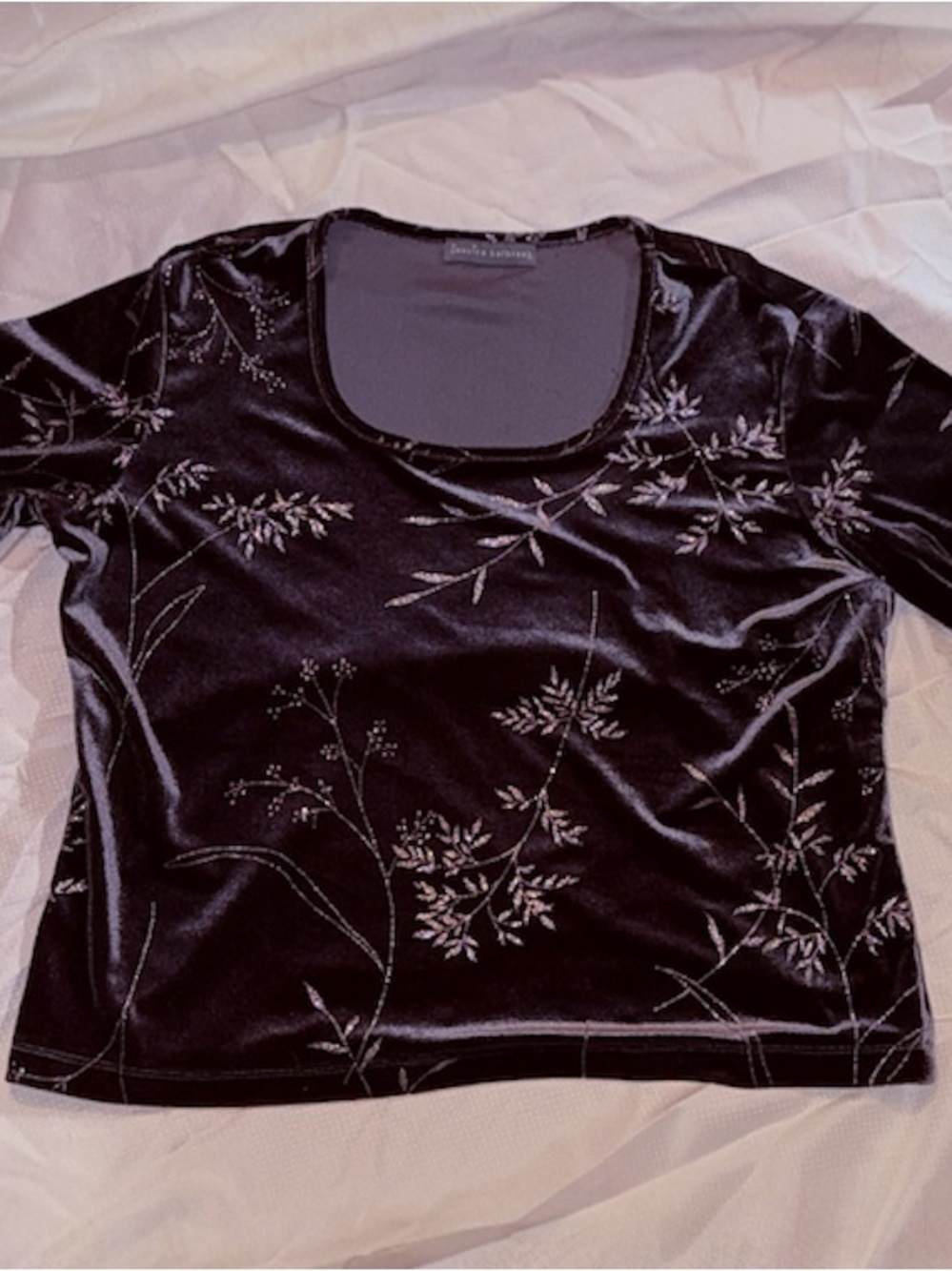 Jessica Holbrook Vintage 90s Velvet Silver Sparkle Floral Top L whimsigoth crop